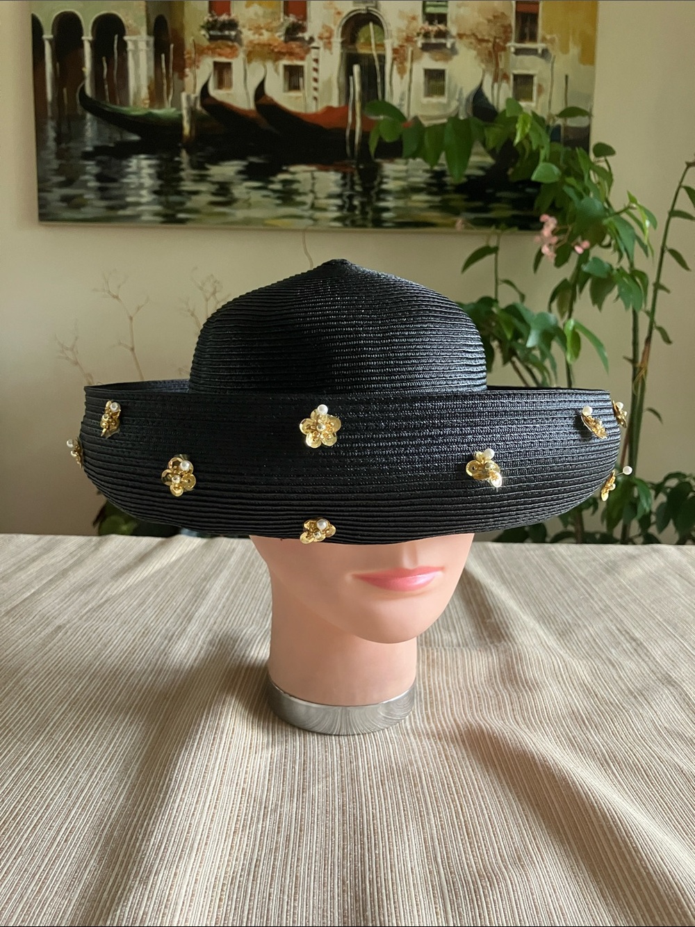 Elegant Black Straw Hat with Gold Sequined Floral Accents